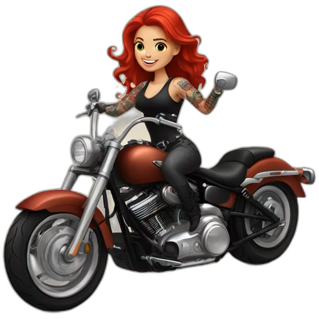 A pretty red haired girl with a lots of tattoos riding a Harley motorcycle on the back wheel emoji