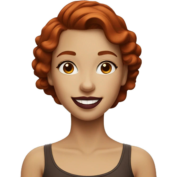 redhead girl with brown eyes and burgundy lipstick smiling emoji