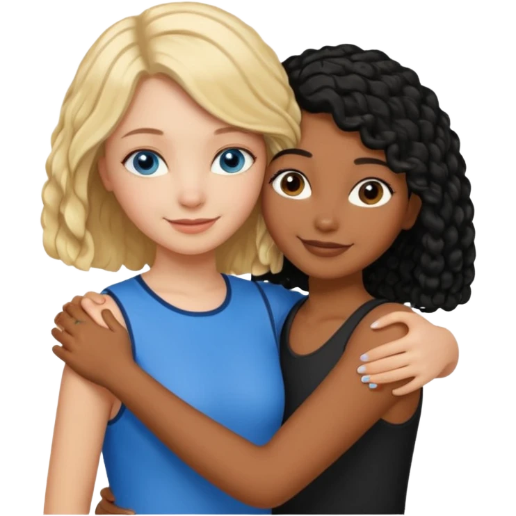 Girl best friends: one white girl with straight blond bob and blue eyes, one shorter black girl with long black curly hair, hugging emoji