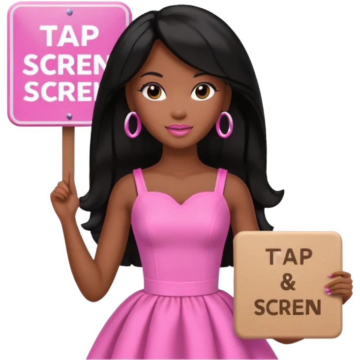Black barbie, long black  hair, pink dress holding sign, that says "tap screen"  emoji