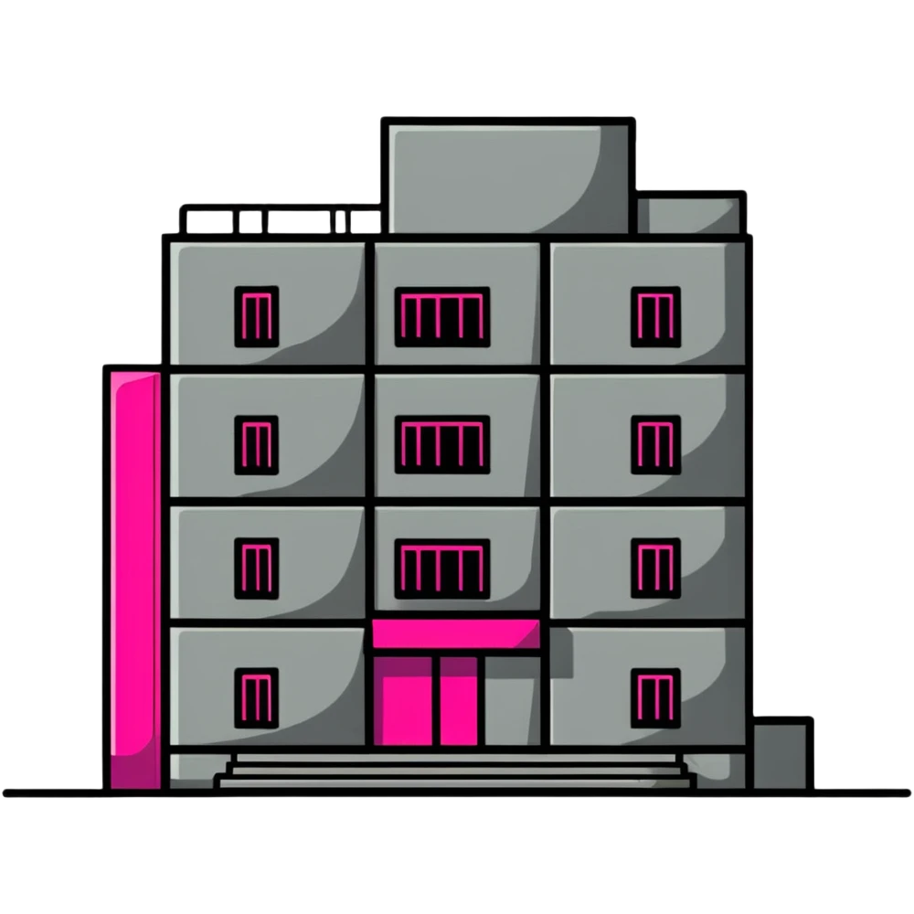 Brutalist gray concrete block building with one neon pink window emoji