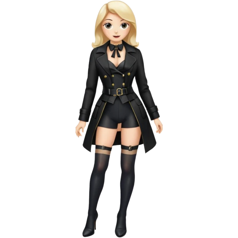 Create an female emoji with stockings and garter belt wearing a shiny wetlook coat and shiny high heel boot that go below the knee emoji