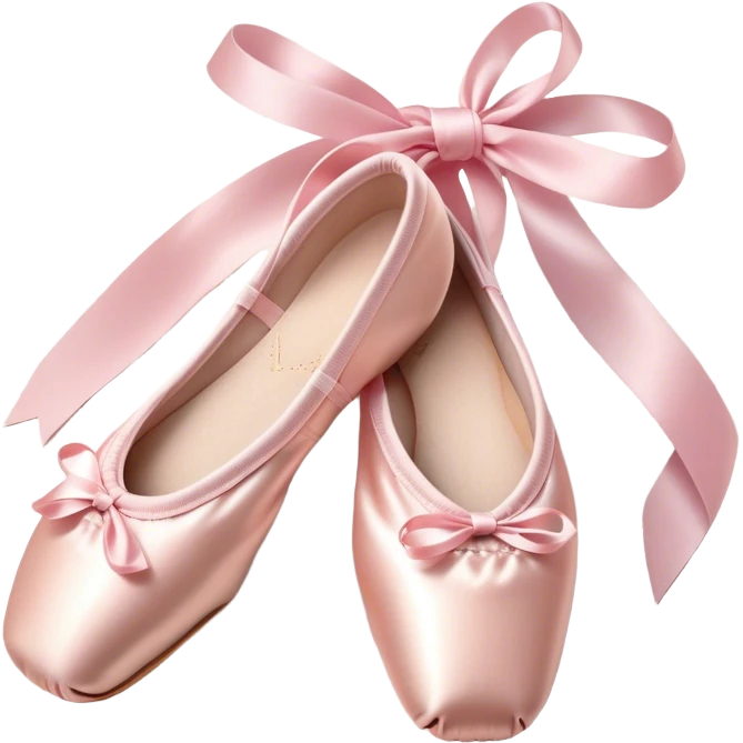 Cinematic Realistic Ballet Shoes, soft satin pink pointe shoes with delicate ribbons, resting gently on a polished wooden floor, subtle creases in the fabric, glowing under the warm golden light of a rehearsal studio, evoking elegance and grace. emoji
