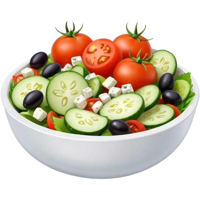 mediterranean salad bowl object icon, tomatoes, cucumbers, olives, feta cheese, olive oil dressing, 3D cartoon, mobile game icon style, clean background, no text, no watermark
 emoji