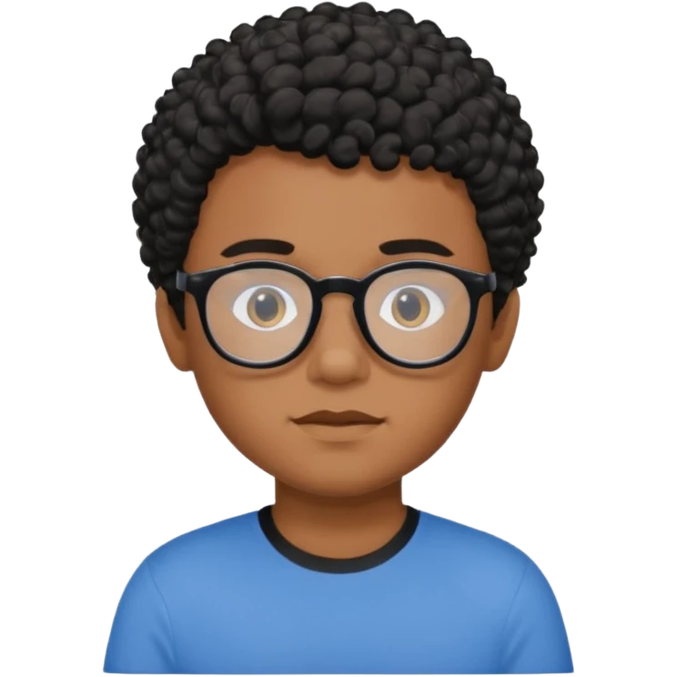 Menino moreno com cabelo curto cacheado preto, de óculos preto e blusa azul emoji