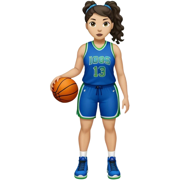 full body plus size light skin latino women basketball player with wavy dark hair in pony tail wide nose wearing blue uniform with green accent emoji