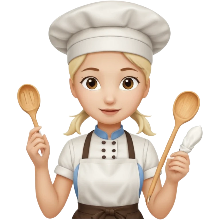 Young female pastry chef - ponytail, apron, wearing a white hat, holding a cream piping bag emoji