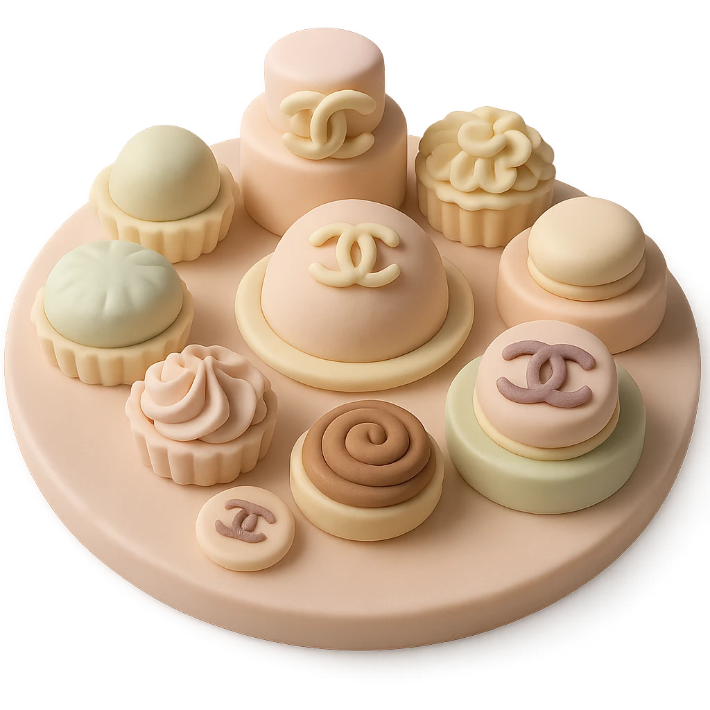 pastel Chanel dessert platter with assorted pastries and logos, fondant cake art style emoji