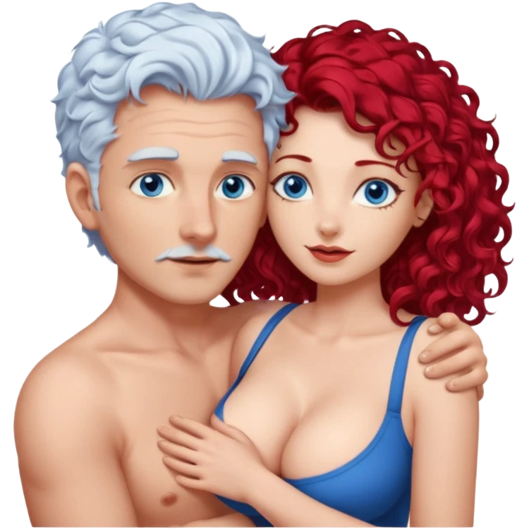 Homme nu cheveux blanc courts, yeux bleu barbe naissante + femme nu gros seins rousse cheveux longs bouclés yeux bleu faisant l'amour emoji