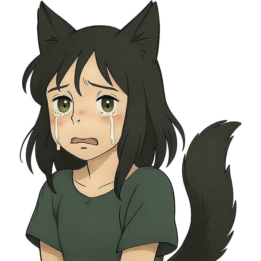 A girl with tears, black fox ears, and a tail, green eyes, dark hair emoji