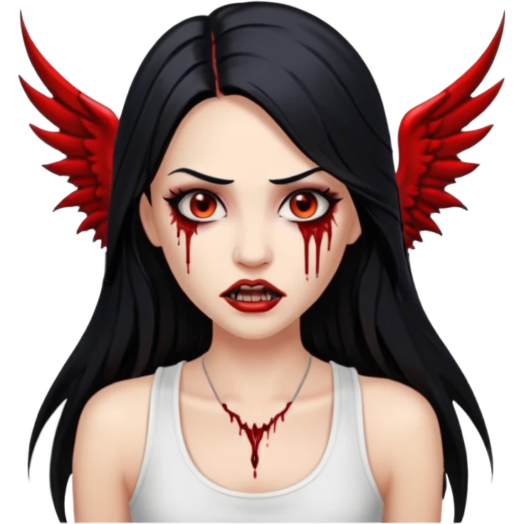 White woman with a white tank top long black hair glossy middle part long hair vamp look with fangs or blood dripping down lips brown eyes eyeliner winged with lashes top and bottom white border emoji