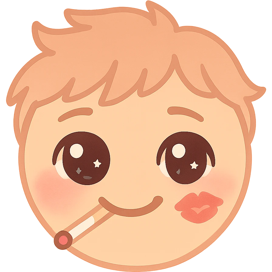 kawaii emoji face smirking with a cigarette, red lipstick smudge, tousled hair, neon lighting, expression of 'forbidden love', inspired by Romeo + Juliet 1996 aesthetics, discord emoji size emoji