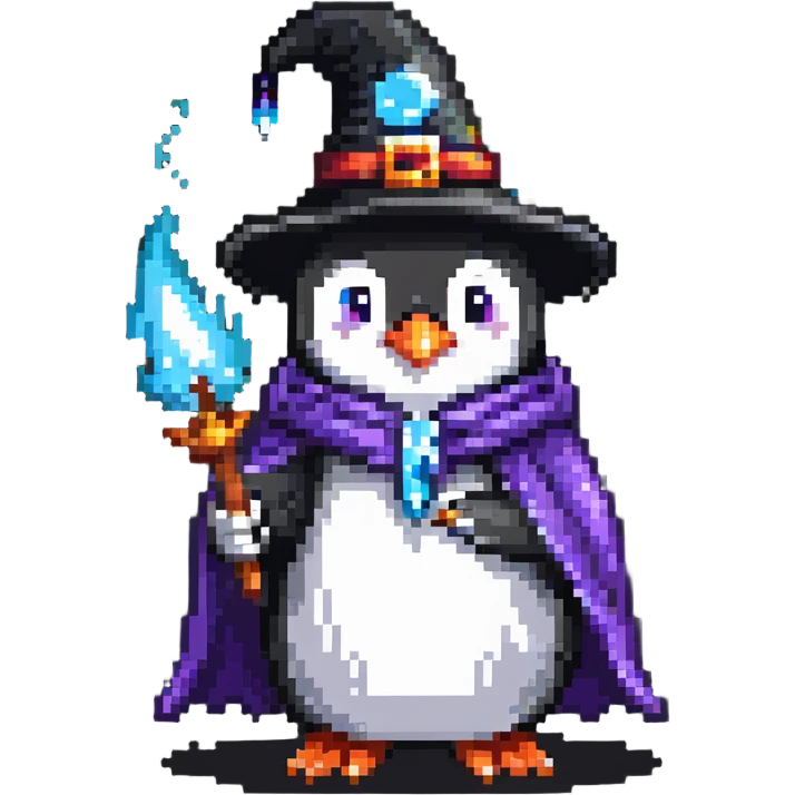 A penguin wearing a wizard hat and robe, casting a spell emoji