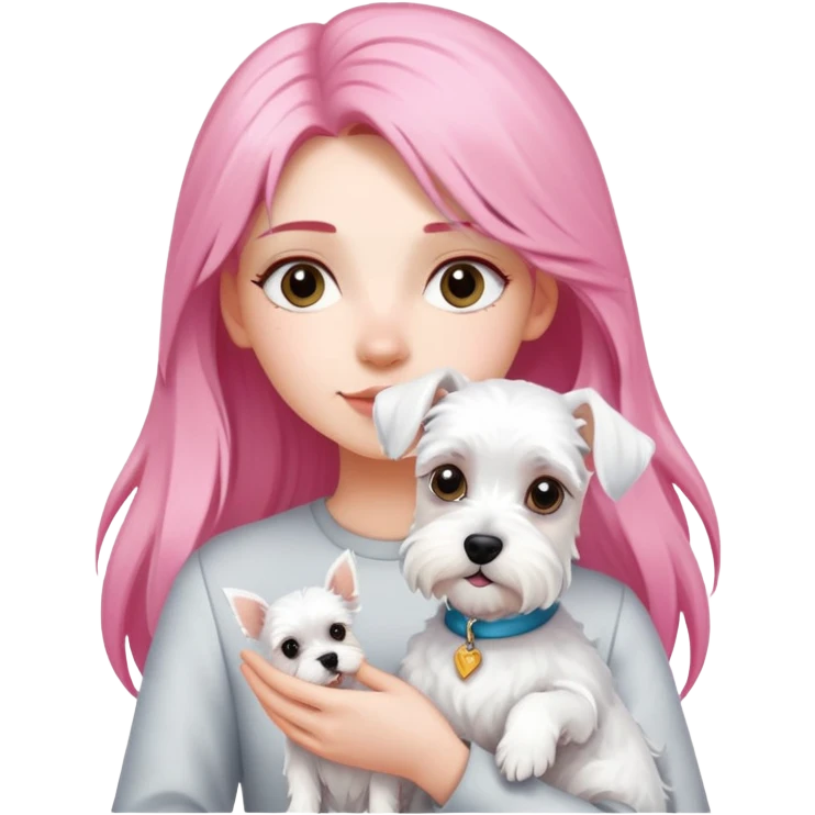 Girl with long pink hair holding a white schnauzer dog emoji