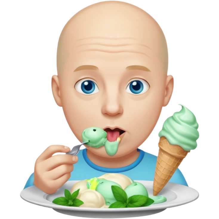 Bald man with blue eyes licking mint ice cream from a plate emoji