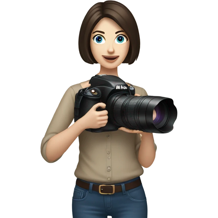 Portrait of woman with blue eyes and dark brown bob hair holding a nikon camera emoji