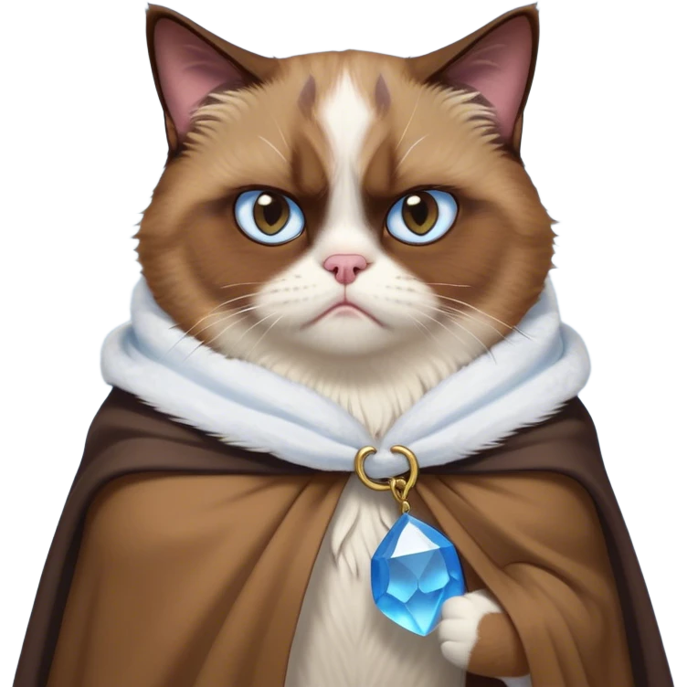 Cinematic Meme-Worthy Grumpy Brown Mantle Snowshoe Cat Portrait Emoji, Head held high but eyes filled with dramatic disappointment, soft brown fur draped like a cape, white paws planted firmly in defiance, signature grumpy cat frown perfectly etched on its face, icy-blue eyes radiating pure disapproval, Simplified yet hilariously over-exaggerated features, highly detailed, glowing with an aura of supreme annoyance, high shine, exhausted yet judgmental, stylized with an almost regal pettiness, bright but brooding, soft glowing outline, capturing the essence of a feline that has seen it all and is thoroughly unimpressed, so meme-worthy it feels like it could instantly become the next viral sensation of grumpiness! emoji