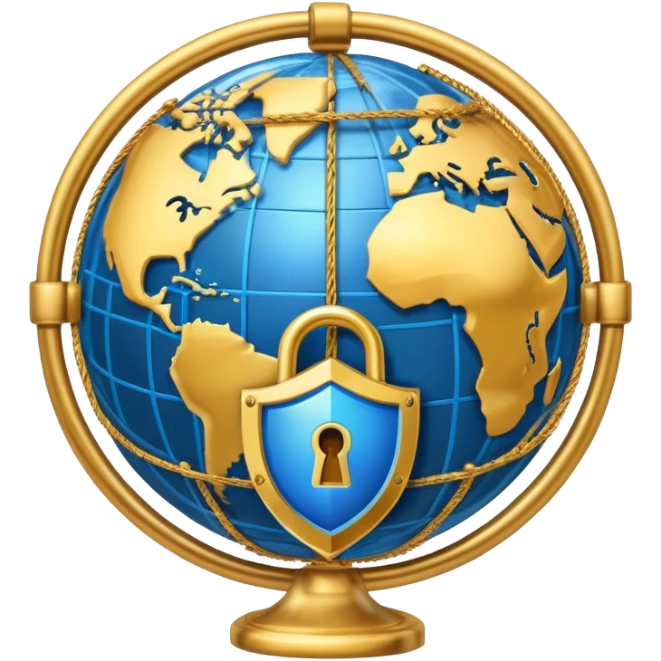 A secure network icon with shield and lock protecting a globe with network connections emoji