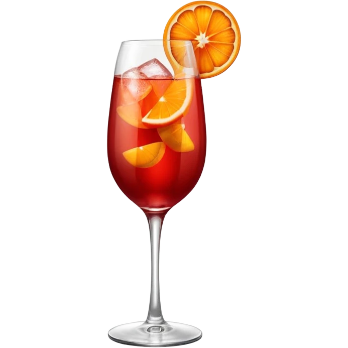 A tall elegant wine glass filled with bright red Campari spritz, with bubbles, an orange slice, and a curled orange peel garnish. emoji