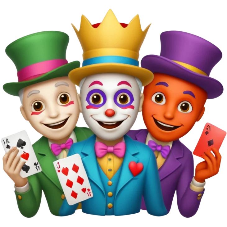 3 poker cards, with crazy colorful human jolly jokers inside, emoji