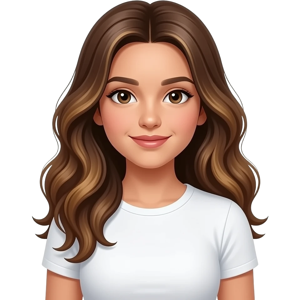 a 13 year old girl long pretty wavy brown hair light brown highlights half latina white tight shirt emoji