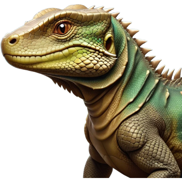Cinematic Noble Komodo Dragon Lizard Portrait Emoji, Poised and regal, with a rugged, scaled body and powerful stance, deep-set intense eyes and textured, weathered skin, Simplified yet sharp and sophisticated features, highly detailed, glowing with a soft, ancient glow, high shine, intelligent and formidable, stylized with an air of primordial authority, focused and commanding, soft glowing outline, capturing the essence of a watchful and confident guardian that appears ready to stride out of the screen with timeless power! emoji