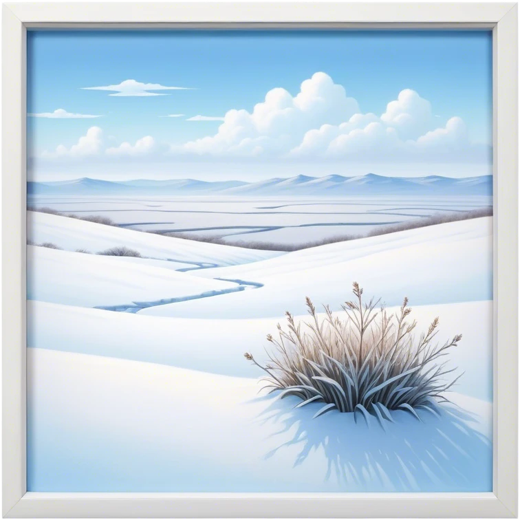 Cinematic Realistic Tundra Emoji in a wooden frame, Vast and cold, with wide expanses of snow-covered ground, sparse grasses poking through, and the occasional hardy shrub breaking up the pale white landscape. The sky above is a pale, frosty blue, and the light reflects off the snow, creating a serene yet starkly beautiful environment. Soft glowing outline, capturing the essence of a quiet, still, frozen wilderness where life endures despite the harsh conditions. emoji