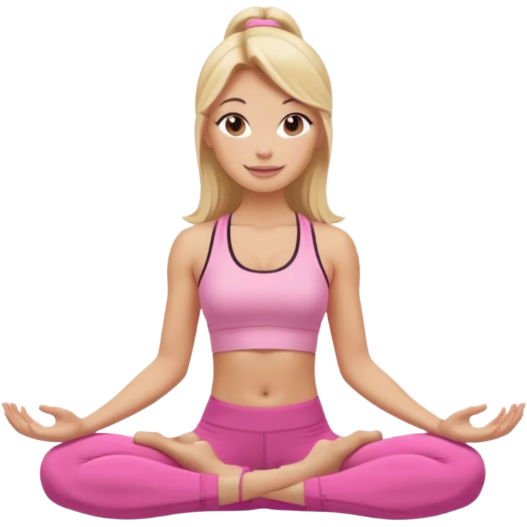 Mujer color de piel moreno con cabello rubio suelto y lacio y largo, que tenga gloss en los labios y se vea usando Blush rosita, usando un top rosa deportivo y leggins deportivo rosa en una pose de yoga sentada, viendo hacia enfrente con ojos negros y sonriendo sin mostrar los dientes emoji