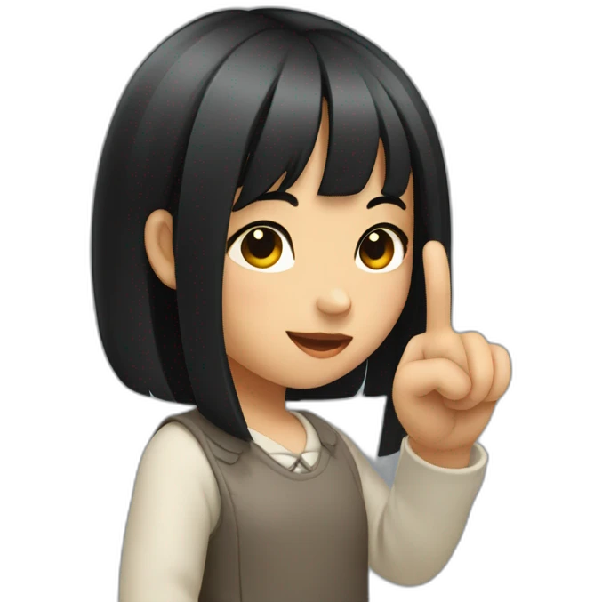 small girl with black hair showing hand with 1 finger up, pointer finger emoji