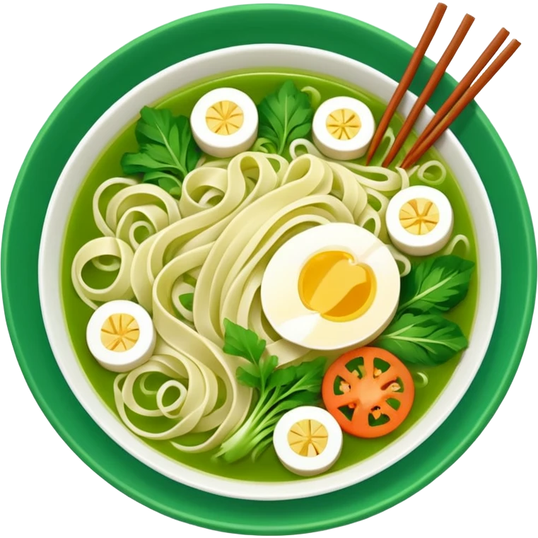 create khmer noodle emoji with green broth and white noodle with vegetable emoji
