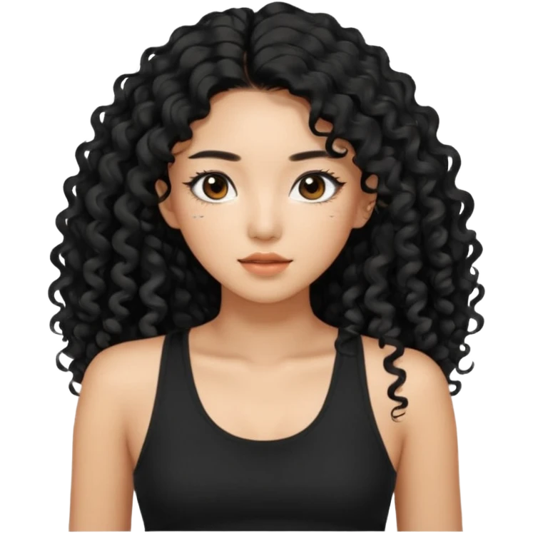 Korean woman with black cute long curly hair  with a black top tank with long lashes emoji