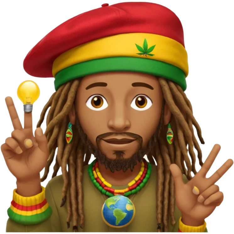 A rasta man bigging up di whole world 🎯🌍👊🏾👊🏻👊🏿🌍🎯 reggae vibes 🎶, love and unity ✨💛💚❤️, every nation stand strong 🇯🇲🌐 with the world in his hand fully of energy and it's obvious reggae music heals the soul maybe put it in text above his heard emoji