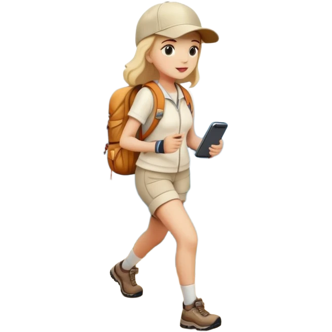 Full body woman hiking on mountain trail cream clothes baseball cap emoji
