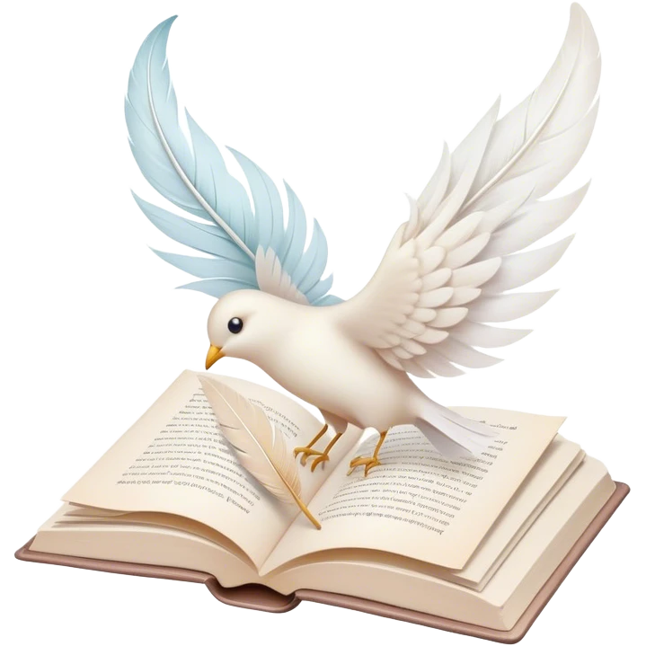 Create a delicate and poetic emoji representing poetry. The design should feature several elegantly flying pages with short poetic columns written on them. The pages should appear light and flowing, almost as if being carried by the wind. Include one white feather, gently resting on the pages, symbolizing creativity and inspiration. Use soft, pastel tones to give it a dreamy, artistic feel. The design should feel ethereal and whimsical, capturing the essence of poetry. Make the background transparent. emoji