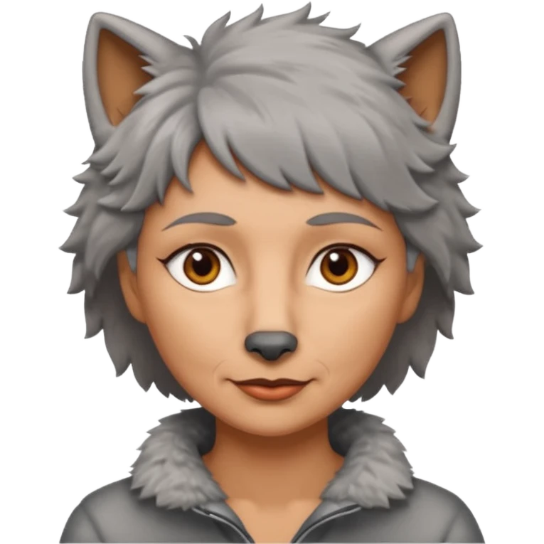 woman 50 years old, short grey fluffy wolf-cut hair, tannes skin and brown eyes emoji