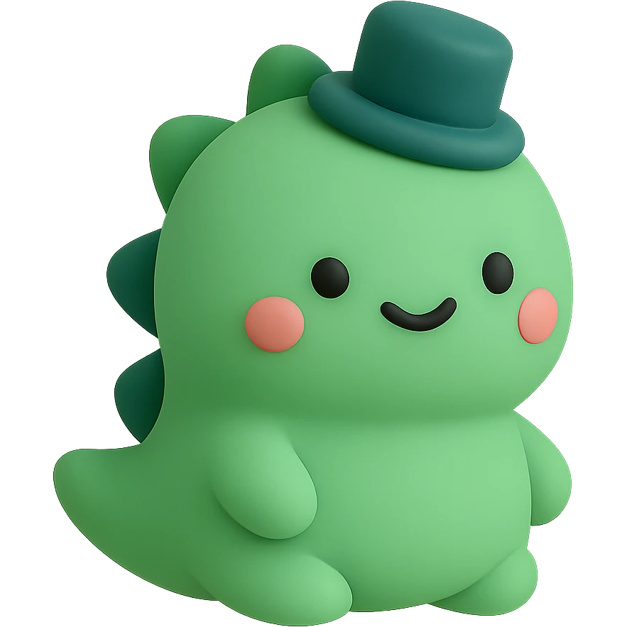 A cute little green dinosaur wearing a small top hat emoji