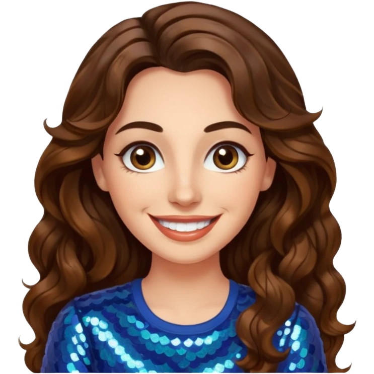 30 yr old italian woman, long brown wavy hair, big brown eyes, huge smile, sequin shirt, no bangs,  emoji