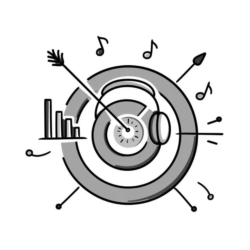 square emoji symbol of a symmetrical target with musical marketing details including headphones, musical notes, bar chart, doodle style, for online course cover emoji