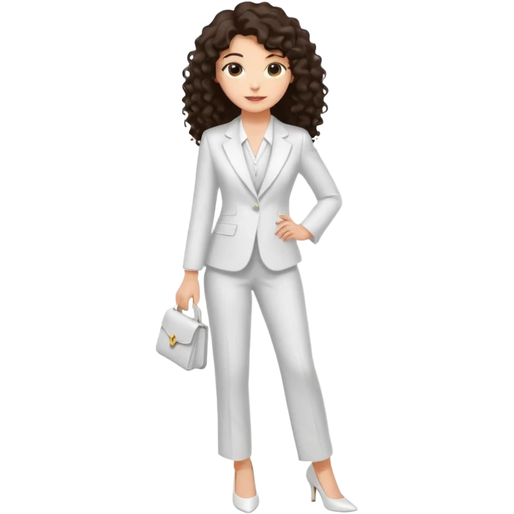 Chica joven con una sonrisa suave con cabello largo rizado y oscuro, piel clara, vestida con un traje blanco elegante y tacones bajos blancos emoji
