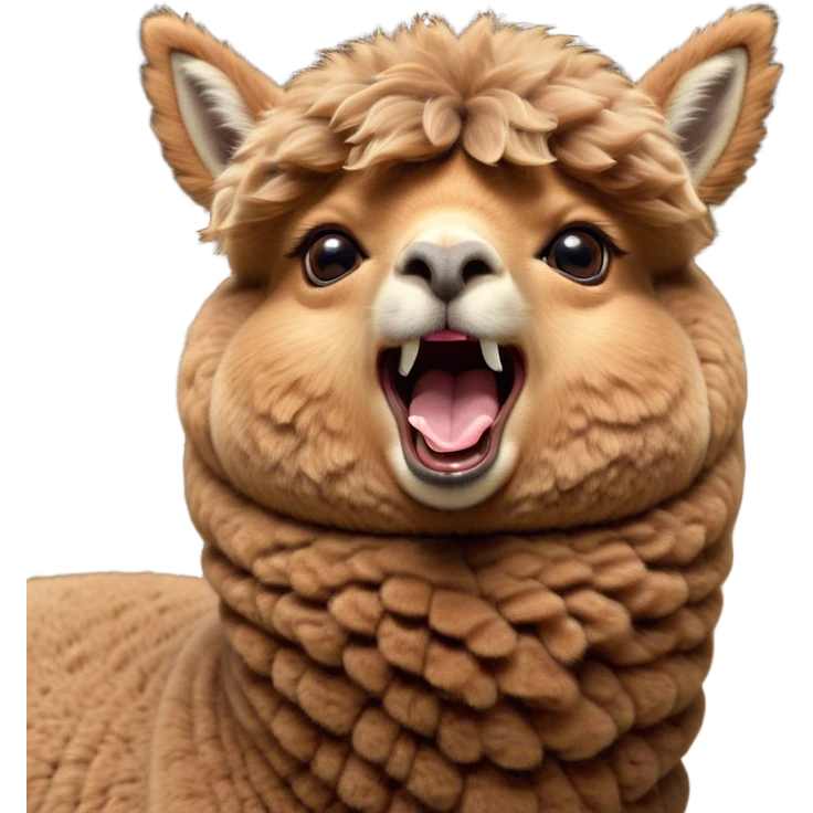 Cinematic Cute Yawning Brown Alpaca Portrait Emoji, Head tilted slightly with a dramatic, wide-open yawn, showcasing a soft, plush brown fleece with gently drooping ears, round warm eyes barely open in drowsy contentment, Simplified yet irresistibly adorable features, highly detailed, glowing with a soft, cozy glow, high shine, relaxed yet expressive, stylized with a touch of whimsy, bright and endearing, soft glowing outline, capturing the essence of a sleepy yet affectionate alpaca, so drowsy it feels like it could stretch out of the screen and curl up for a nap! emoji