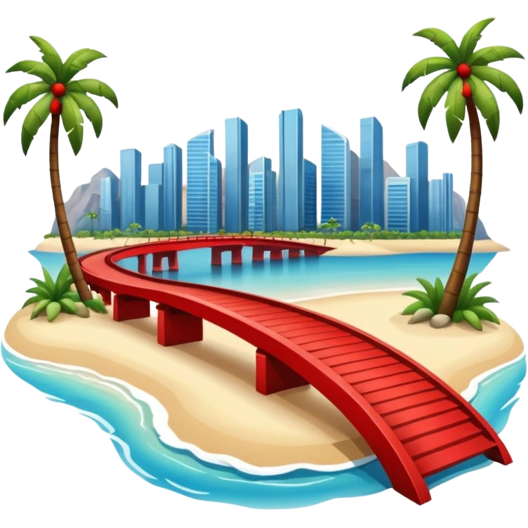  island with modern buildings, beaches with palm trees, and a red bridge on one side emoji
