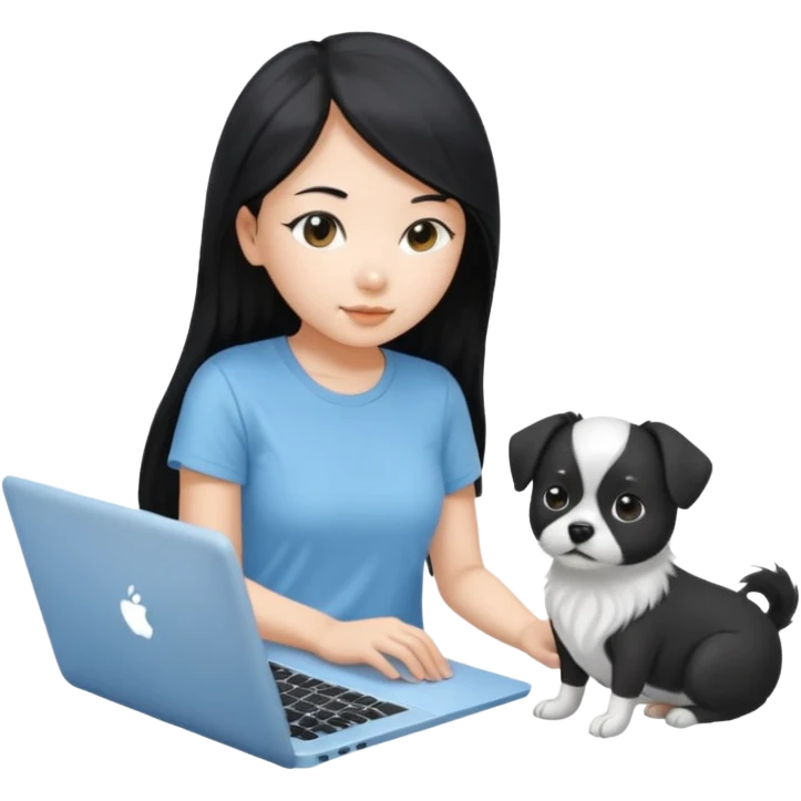 Asian girl with long black hair, wearing a light blue t-shirt, working on an Apple laptop, beside a small black and white dog emoji