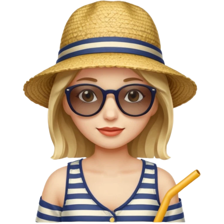 woman with striped clothing sun glasses and straw hat emoji