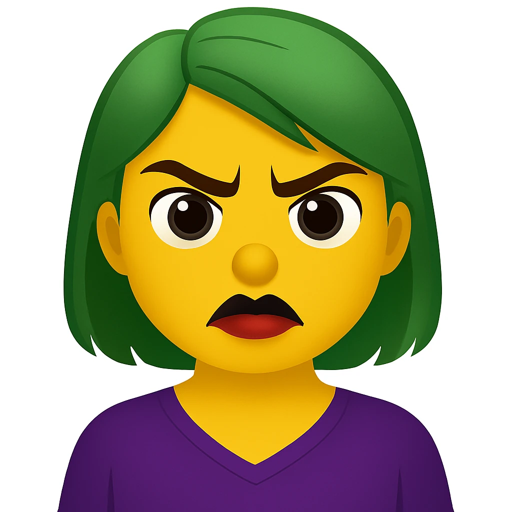 Create an emoji style image of a girl with green hair, angry expression, brown eyes, and lipstick blended with black and red. emoji