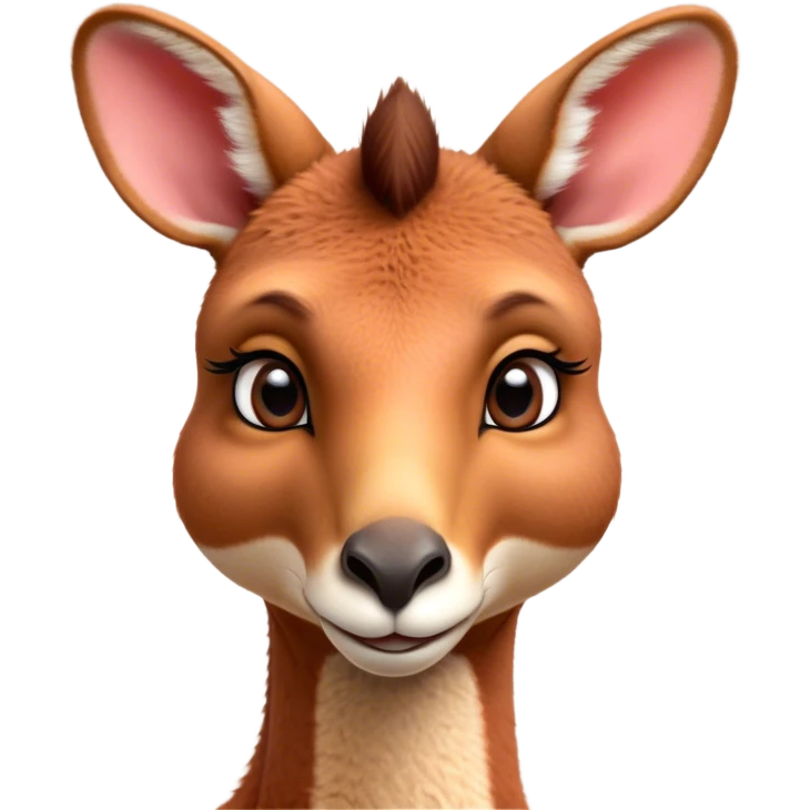 Cinematic Cute Adult Red Kangaroo Portrait Emoji, Head tilted playfully and inquisitively, showcasing a charming, robust build with soft reddish fur and a uniquely camel-like head featuring a gentle, elongated snout and rounded ears, with large, sparkling eyes full of wonder, Simplified yet irresistibly adorable features, highly detailed, glowing with a warm, friendly glow, high shine, affectionate and lively, stylized with a touch of outback whimsy, soft glowing outline, capturing the essence of a mischievous yet loving kangaroo that seems as if it could hop out of the screen into your arms! emoji