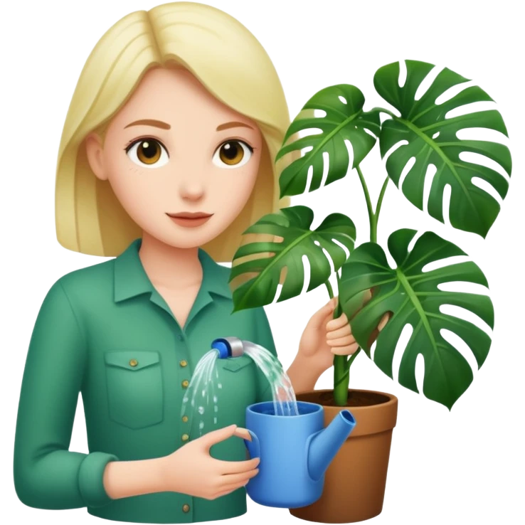 woman watering her monstera plant emoji