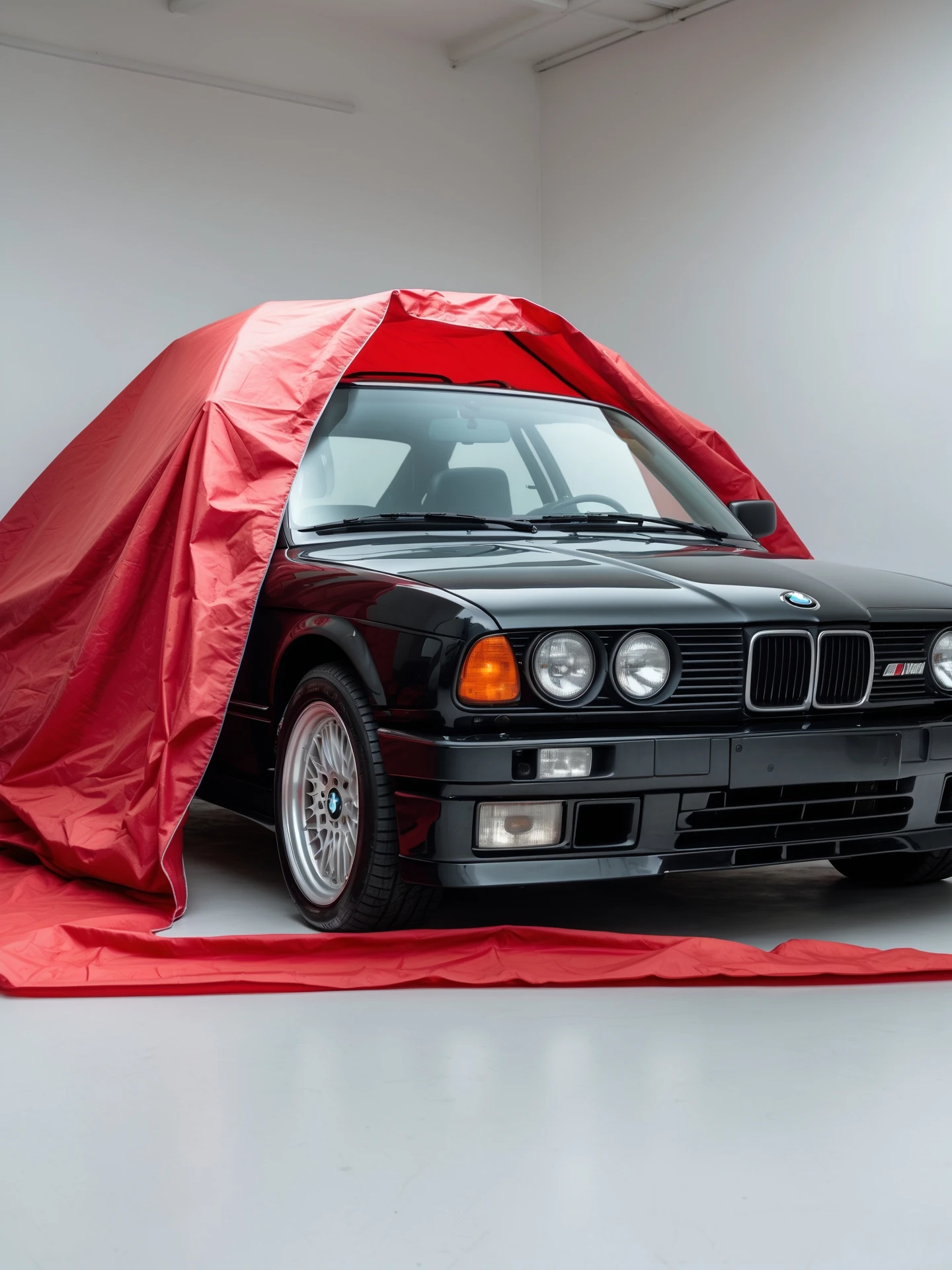 studio photo on a pure white background old black BMW E34 car is visible from under a red tent cover emoji