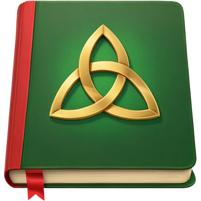 a green closed book with a golden triquetra on it with a red ribbon between the paged emoji