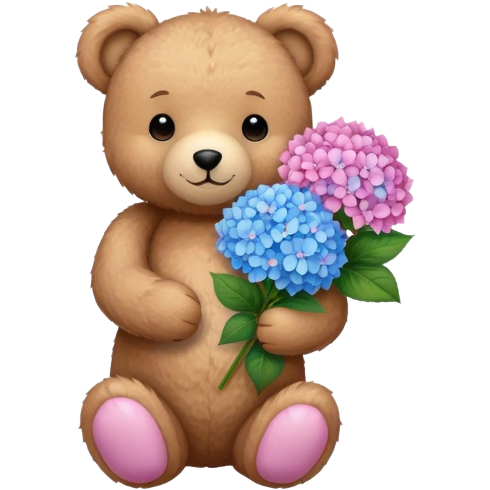 light brown teddy bear holding a pink and blue hydrangea bouqet emoji