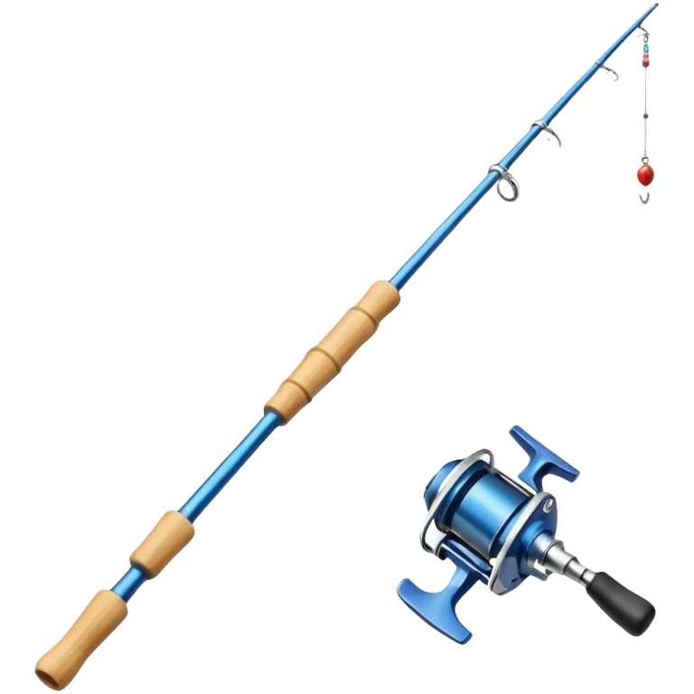 Genmoji-style bamboo fishing rod emoji, simple beginner rod, smooth rounded shapes, soft gradients, small reel, exactly one fishing line hanging from the tip, 3/4 angle, clean silhouette, no hook, no text, transparent background emoji